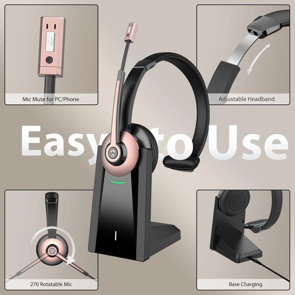 🩷 Microphone & Charging Base, Wireless Headset with Mic Mute & USB Dongle - Picture 6 of 15
